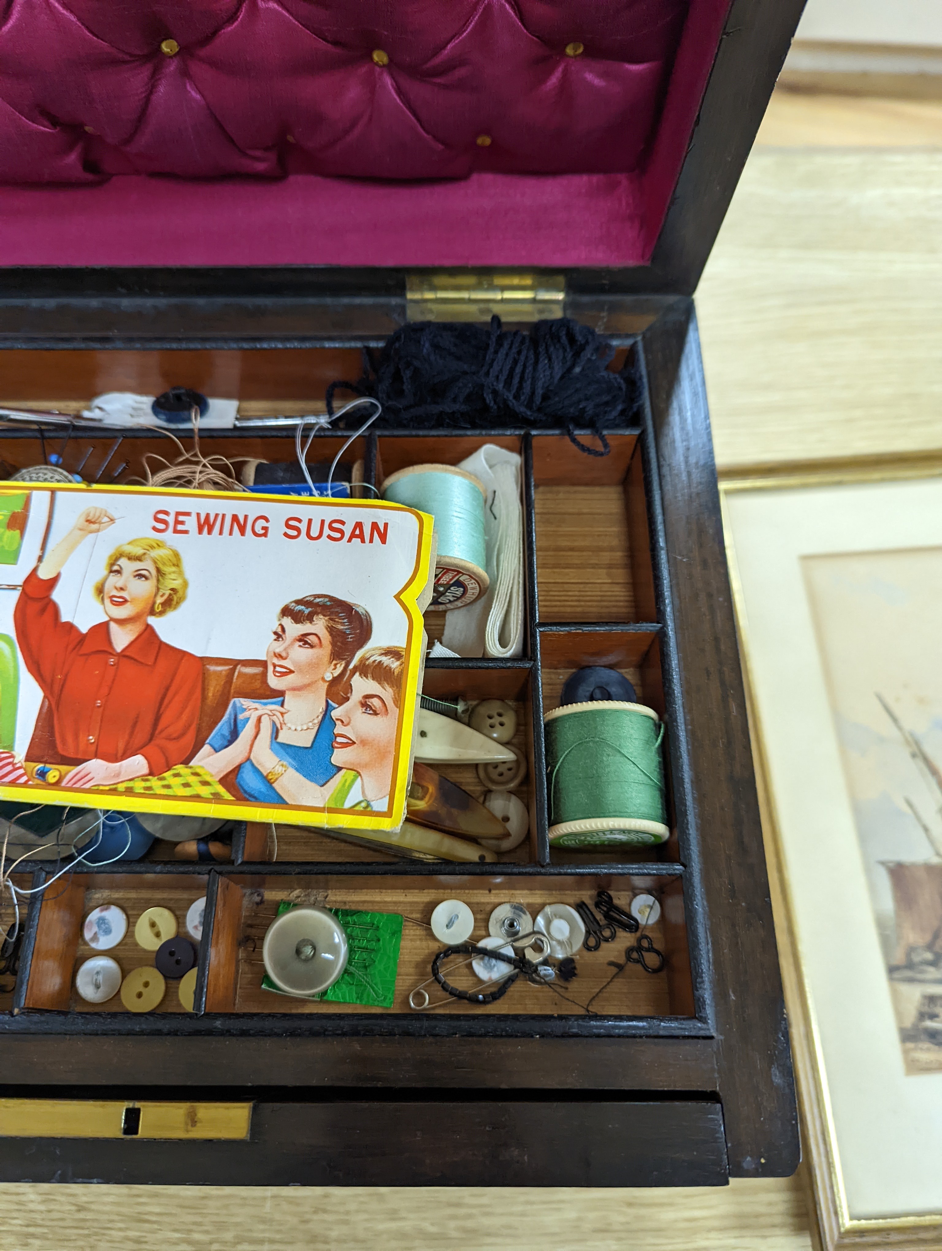 A Victorian walnut sewing casket, 34cm, containing sewing related accessories